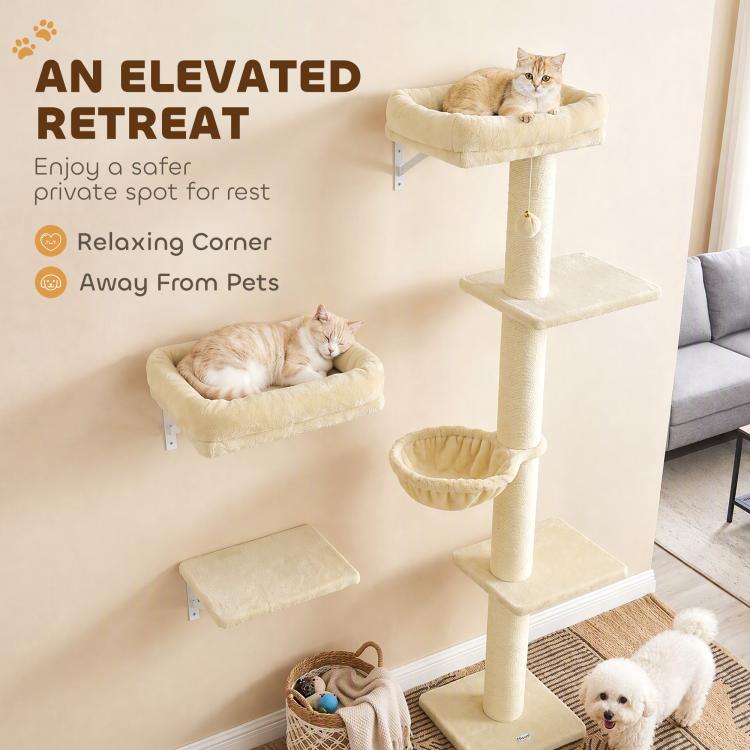 Beige wall-mounted cat tree with elevated platforms, hammock bed, and tall base scratching post