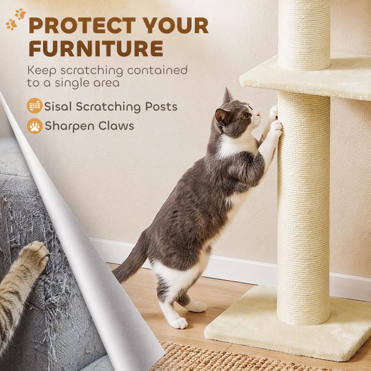 Beige wall-mounted cat tree with sisal scratching post and tiered wall platforms