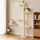 Beige wall-mounted cat tree with three wall platforms, hammock bed, and tall post base