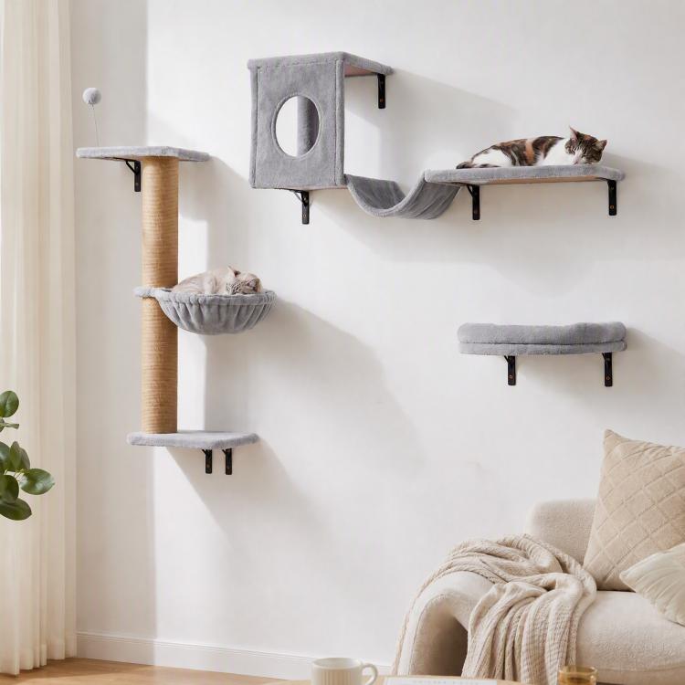 Gray wall-mounted cat shelf set with hammock and circular cat condo, plus scratching post