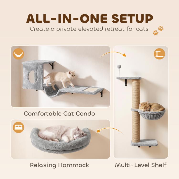 Gray all-in-one cat wall furniture set with condo, hammock bed, and multi-level wall shelf