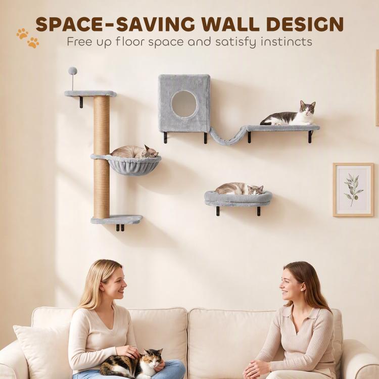 Gray space-saving cat wall design with multiple platforms, condo, and hammock for indoor cats