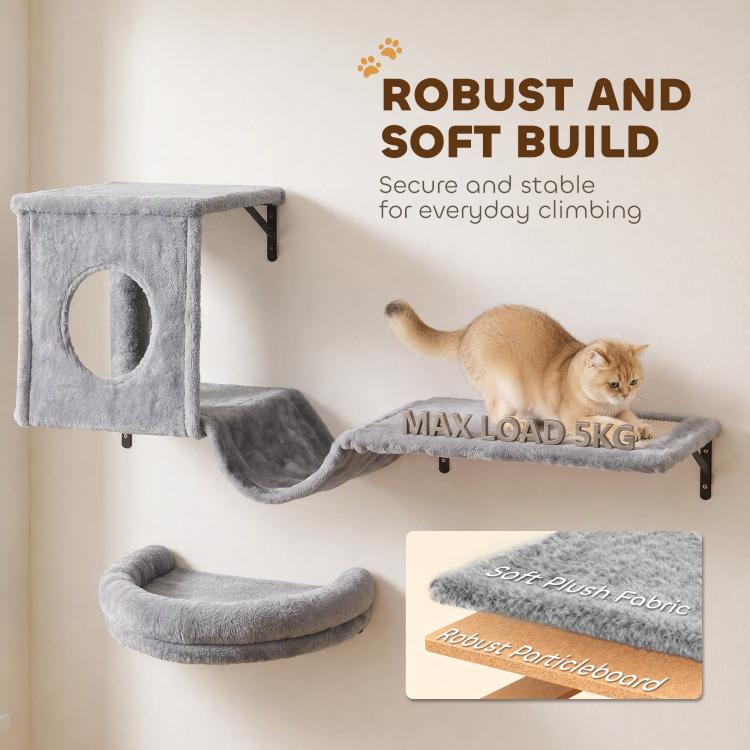 Gray wall cat condo and long perch with plush beds, designed for sturdy climbing support