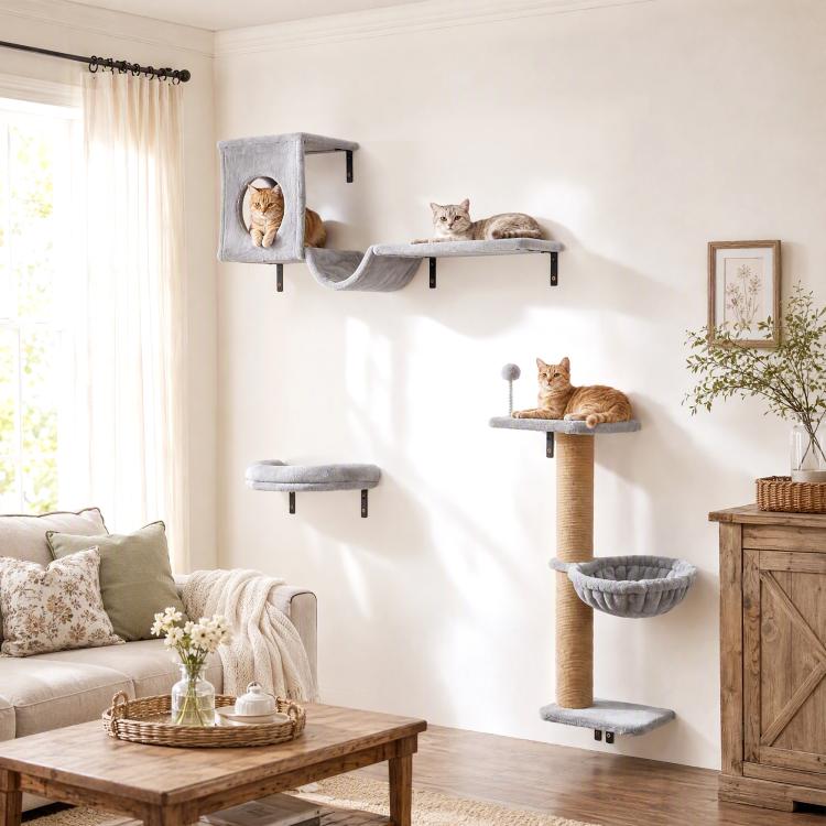 Gray wall-mounted cat condo and hammock perch set with multi-level platforms and post