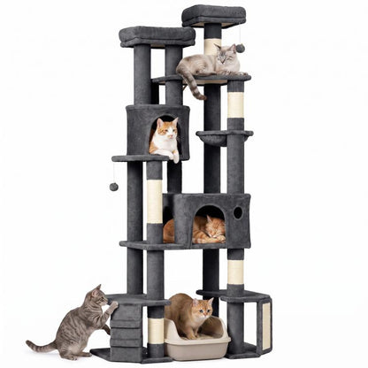 Dark gray cat tree tower with condos, cubbies, sisal posts, and top perches for cats