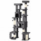 Dark gray multi-level cat tree with arched cat house, cushioned platforms, and sisal-wrapped posts