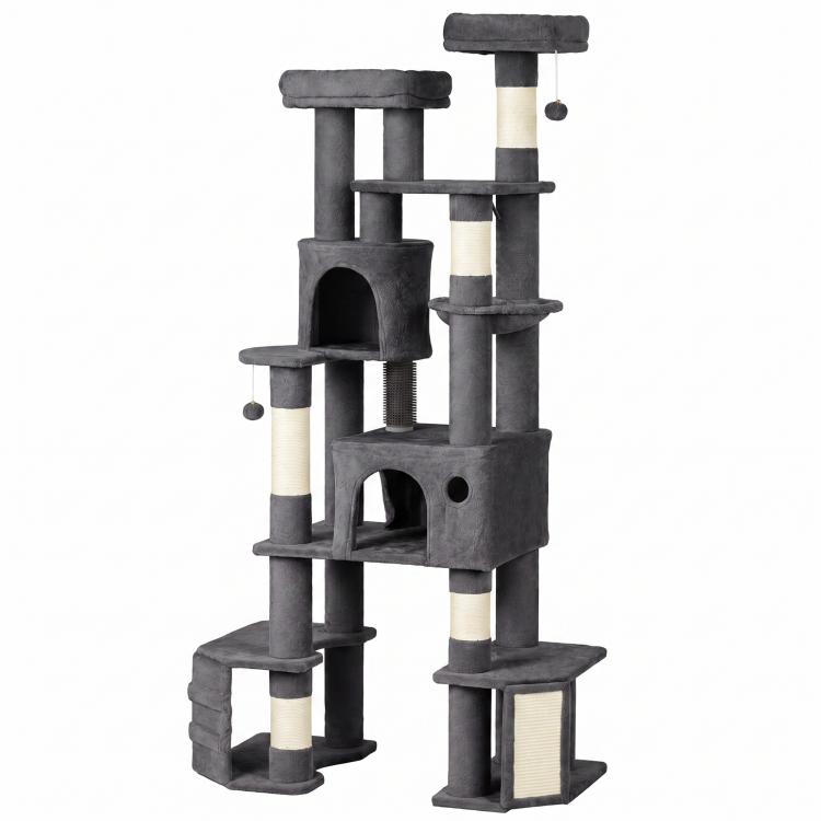 Dark gray multi-level cat tree with arched cat house, cushioned platforms, and sisal-wrapped posts