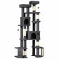 Dark gray cat tree with multiple perches, enclosed condos, sisal-wrapped posts, hanging ball