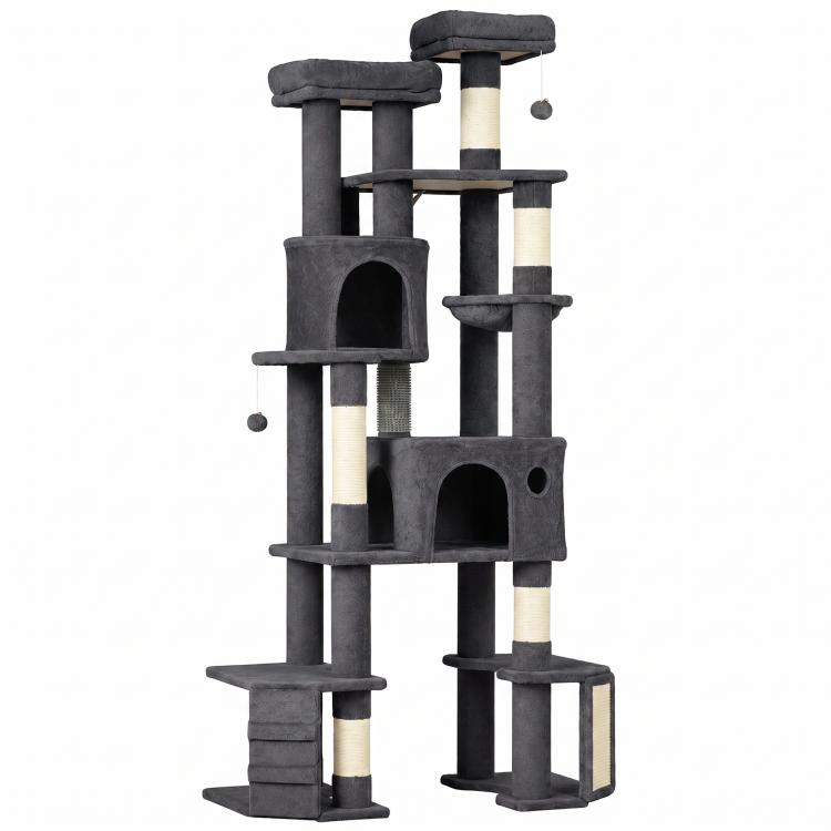 Dark gray cat tree with multiple perches, enclosed condos, sisal-wrapped posts, hanging ball