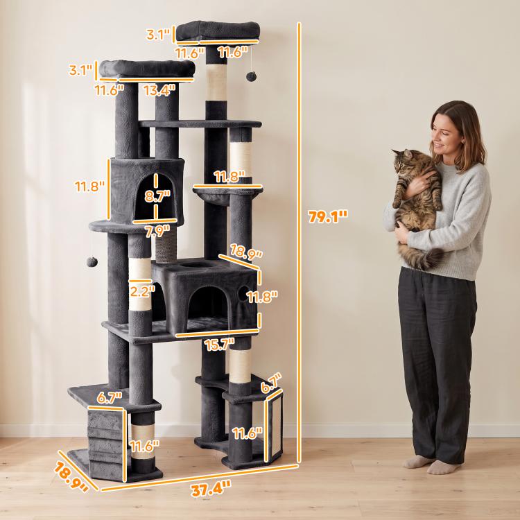 Large dark gray cat tree tower with multiple levels, condos, sisal posts, and base platform