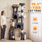 Dark gray 5-tier cat tree tower with top perch, arched condo, and side cubby openings
