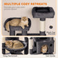 Dark gray cat tree with plush oval hammock bed, covered cat condo, and rounded perches