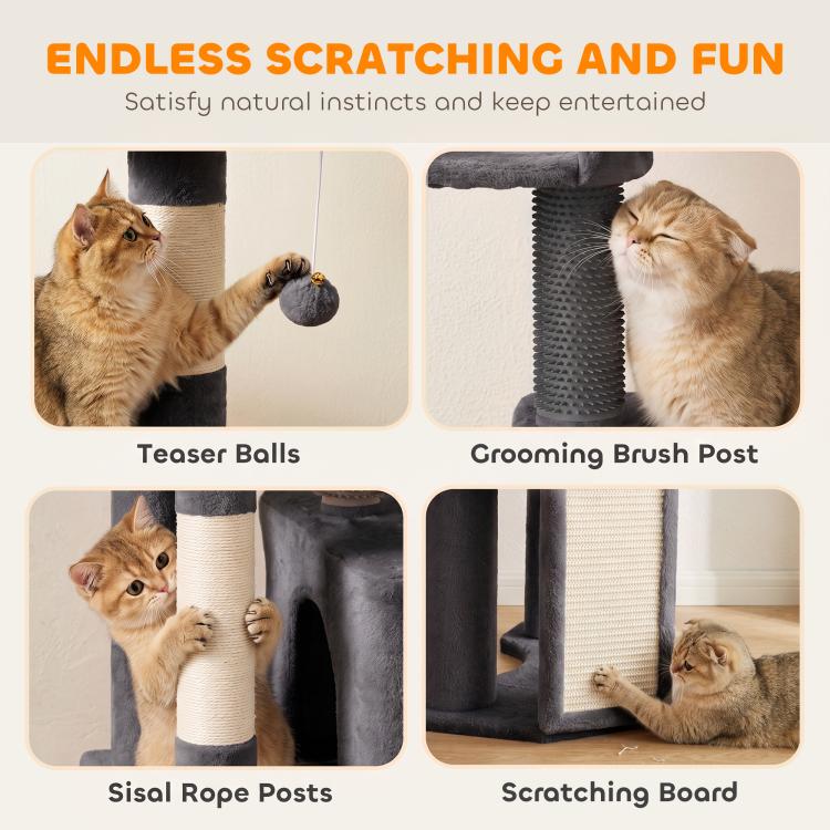 Dark gray cat tree with sisal rope posts, scratching board, and dangling teaser balls
