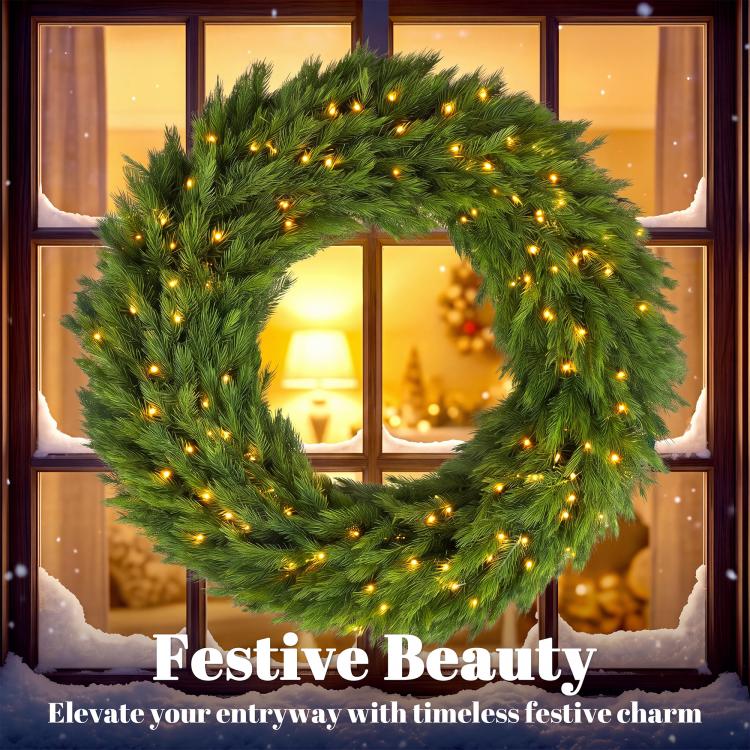 Green pre-lit wreath with warm LED lights arranged in a full round garland loop.