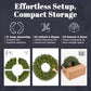 Pre-lit green wreath showing circular shape with warm LED lights and easy setup steps.