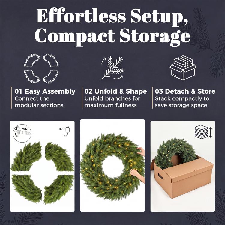 Pre-lit green wreath showing circular shape with warm LED lights and easy setup steps.