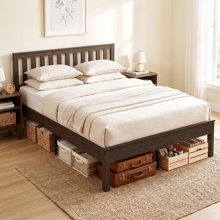 Walnut platform bed frame with slat headboard and visible under-bed storage drawers