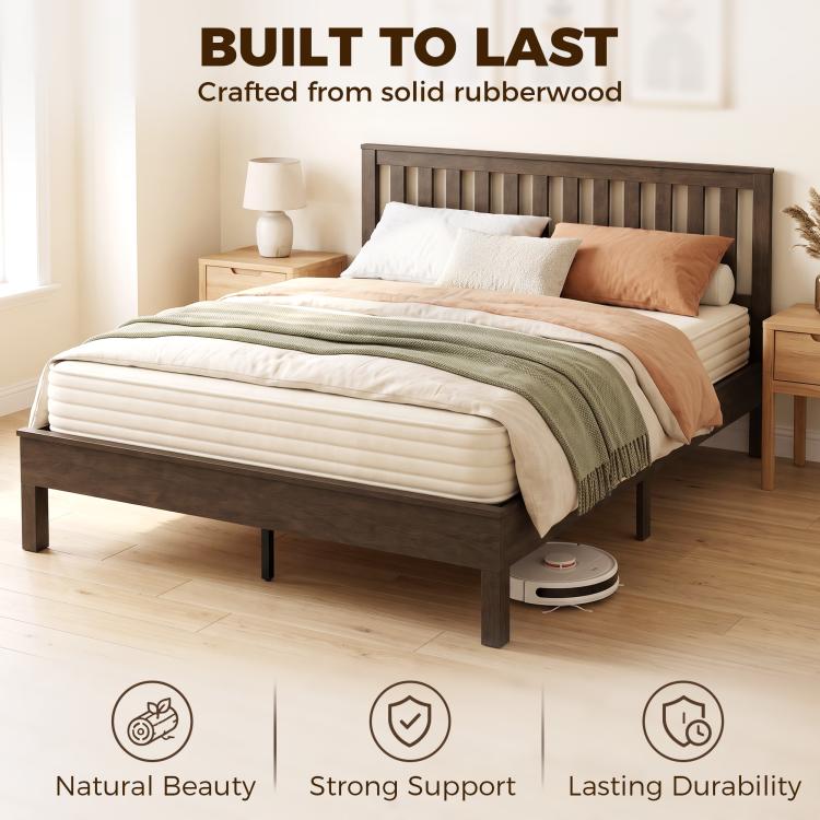 Walnut-look rubberwood bed frame with slat headboard and matching footboard