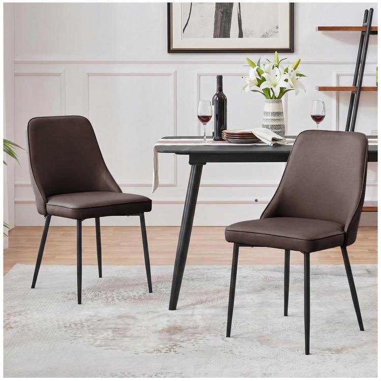 Brown high-back faux leather dining chairs with tapered metal legs, 2-pack shown