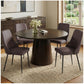 Set of brown high-back faux leather dining chairs with black metal legs around a round table