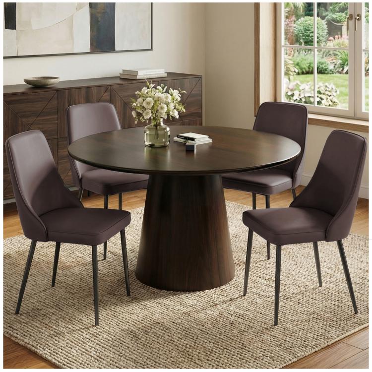 Set of brown high-back faux leather dining chairs with black metal legs around a round table