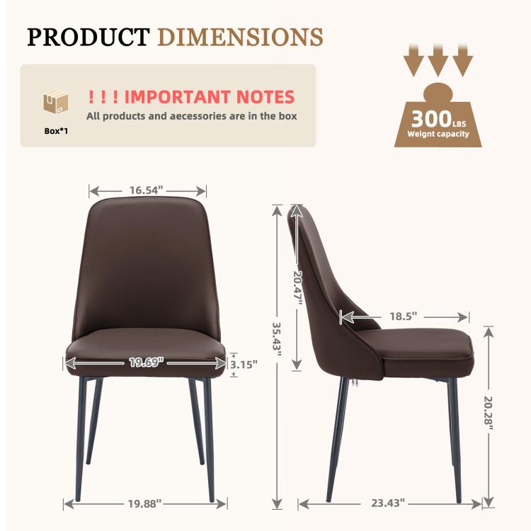Brown high-back dining chair with faux leather upholstery and metal legs, side and front views