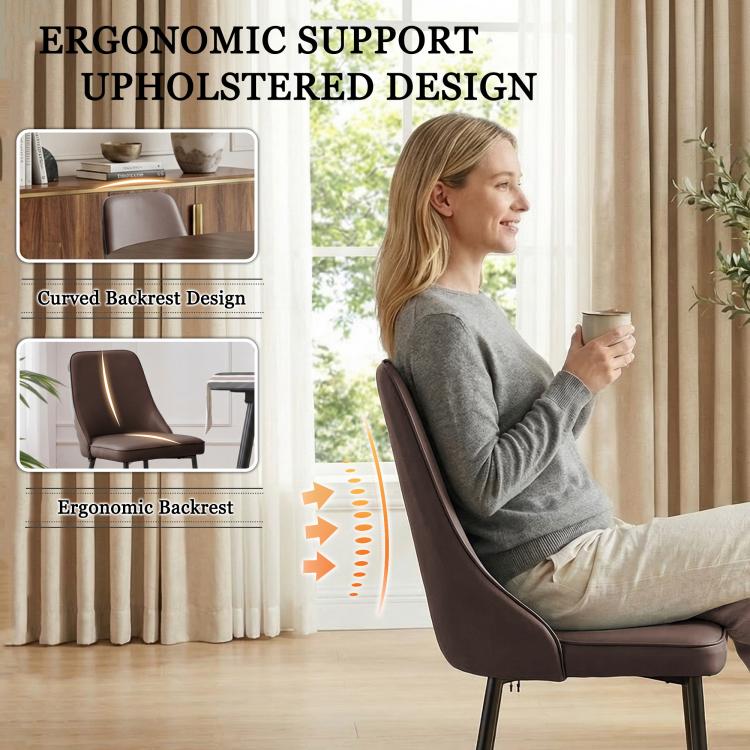 Brown high-back upholstered dining chair with curved backrest and slim metal legs