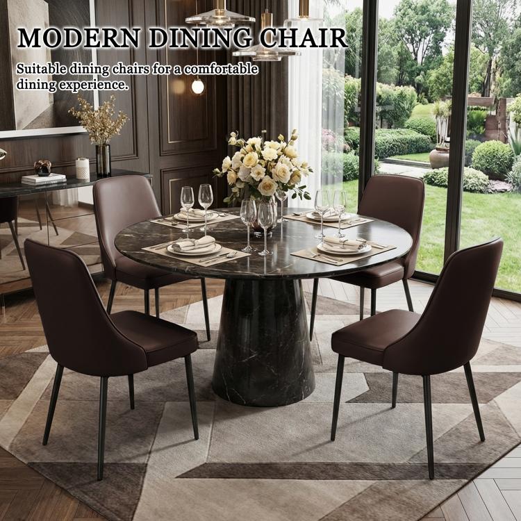 Brown modern dining chairs with high backs and metal legs around a round dining table