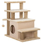 Beige multi-level cat stairs with plush steps, circular doorway, and hanging ball
