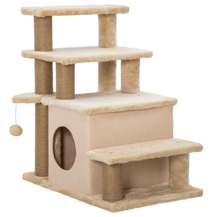Beige multi-level cat stairs with plush steps, circular doorway, and hanging ball