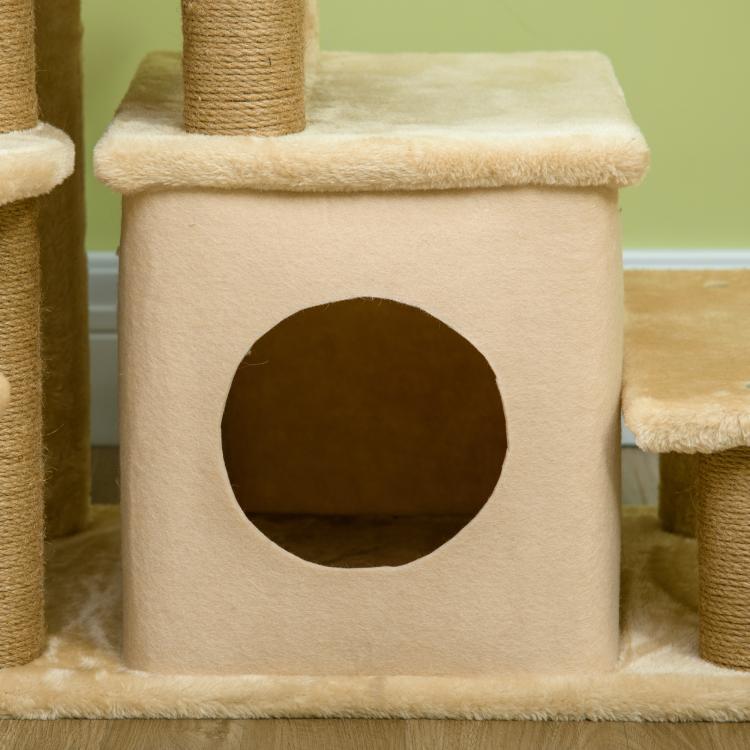 Beige cat condo house with round entrance hole and top platform