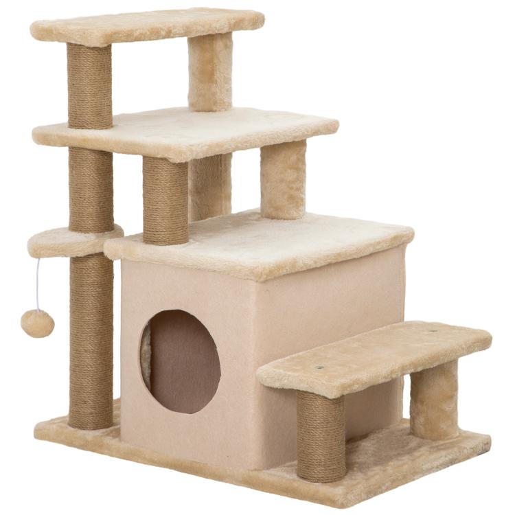 Beige adjustable 3-step cat stairs and condo with jute scratching posts and ball toy