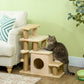 Beige cat condo stairs with scratching post columns, plush platforms, and hanging ball