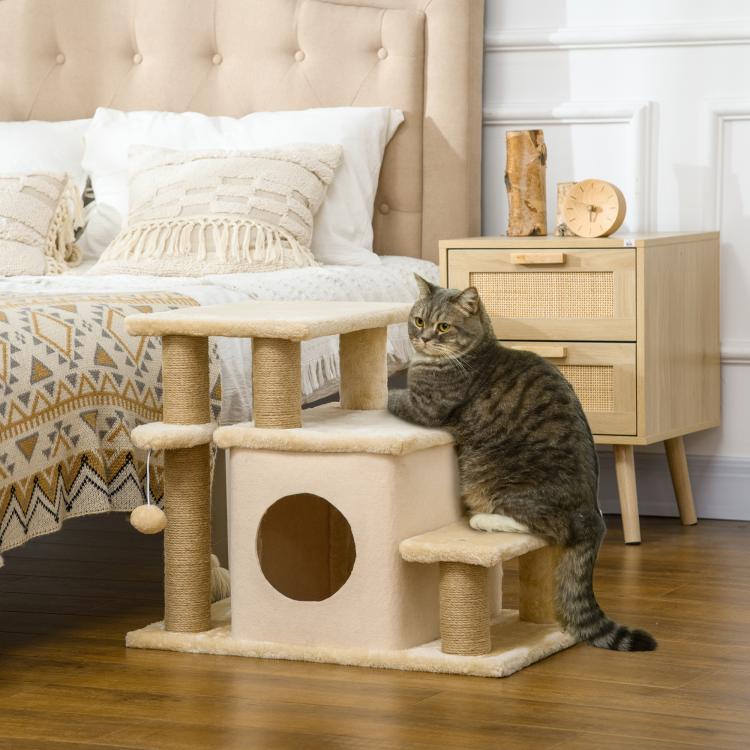 Beige cat stairs and house with plush top step, circular entrance, and side perch