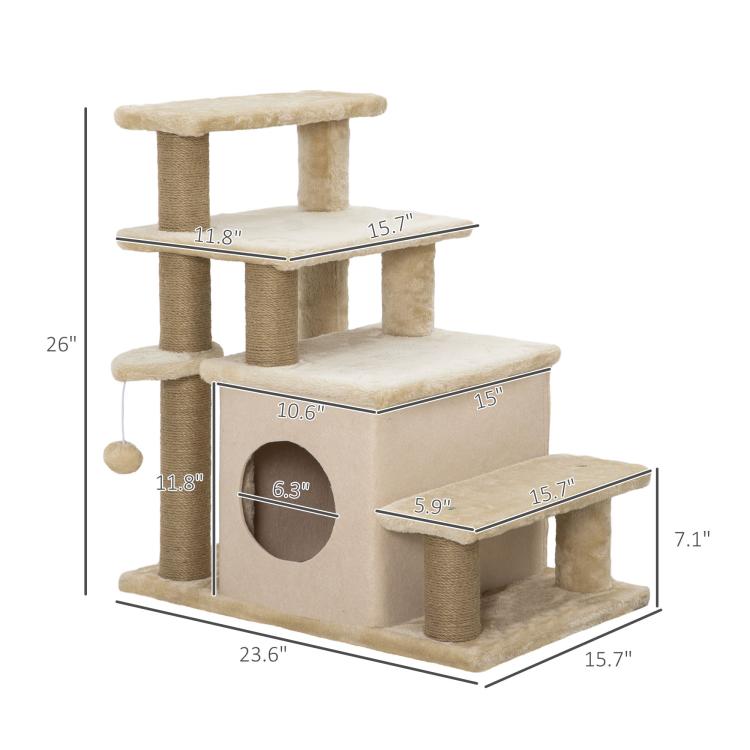 Beige adjustable 3-step cat stairs with plush levels and circular doorway