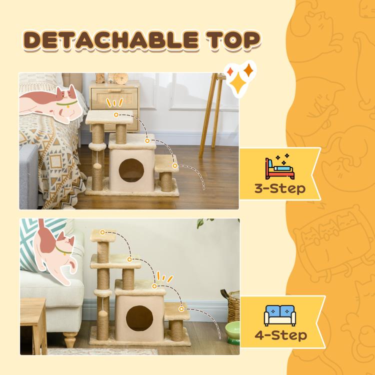 Beige cat stairs condo with stacked plush steps and detachable top frame