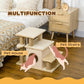 Beige cat stairs with plush pet house, multiple levels, and hanging play ball