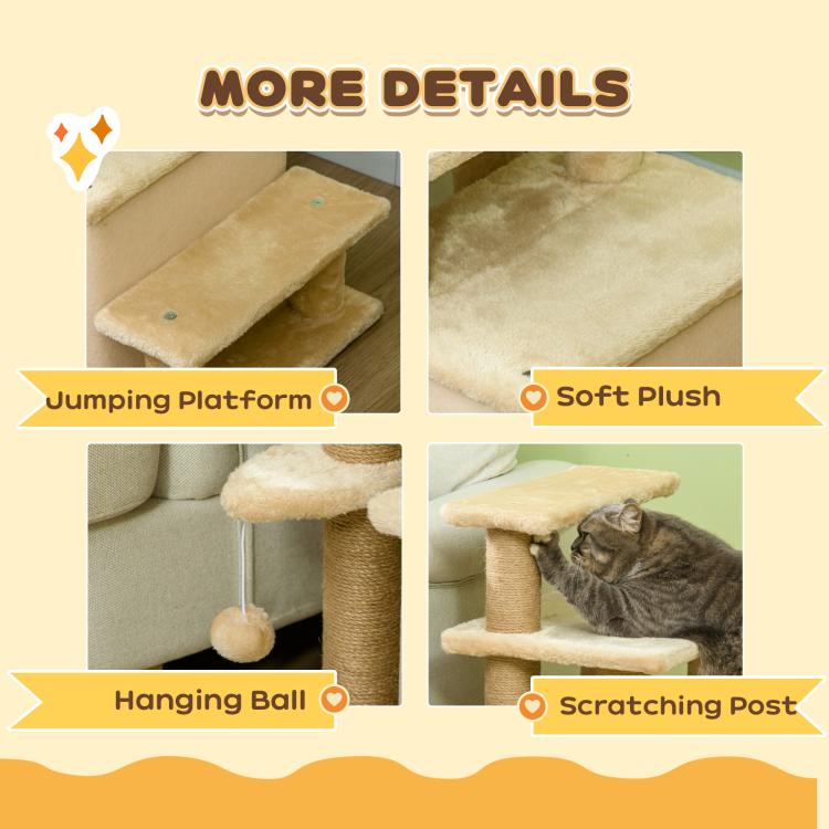 Beige cat stairs details: soft plush surfaces, hanging ball, and scratching posts