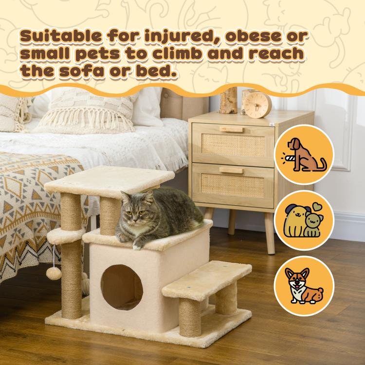Beige cat stairs with plush ramped steps and circular door for climbing access