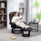 Black faux leather swivel recliner chair with ottoman, person reclined