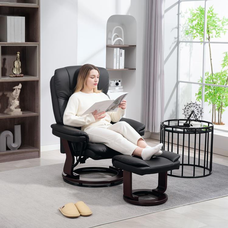 Black faux leather swivel recliner chair with ottoman, person reclined