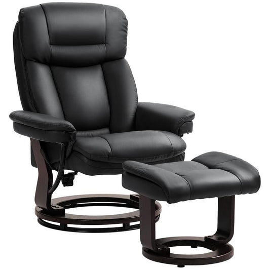 Black faux leather swivel recliner chair with matching ottoman and footrest