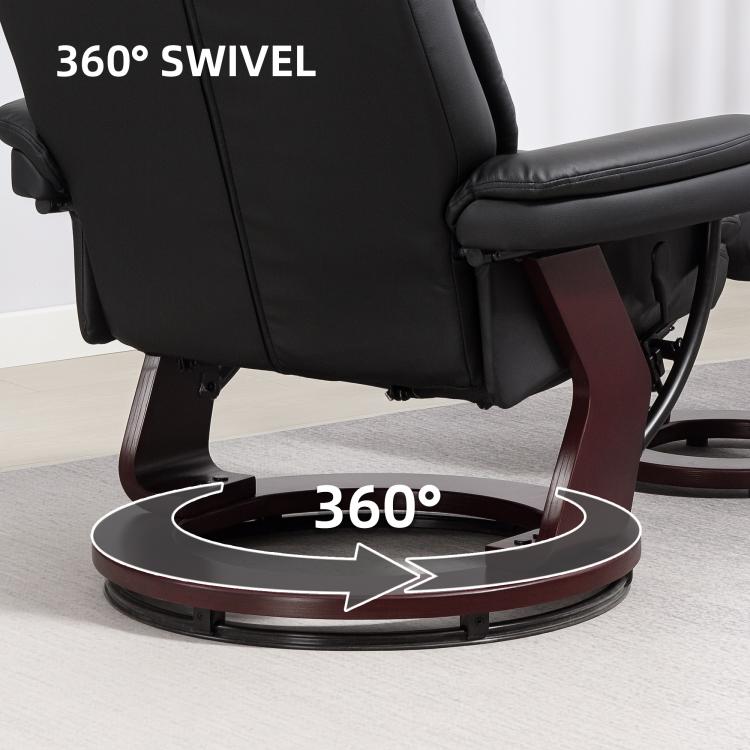 Black faux leather swivel recliner chair showing 360-degree rotating base ring
