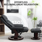 Black faux leather recliner chair with ottoman, partially reclined pose