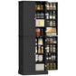 Black kitchen pantry cabinet open with multiple shelves displaying jars and pantry items.