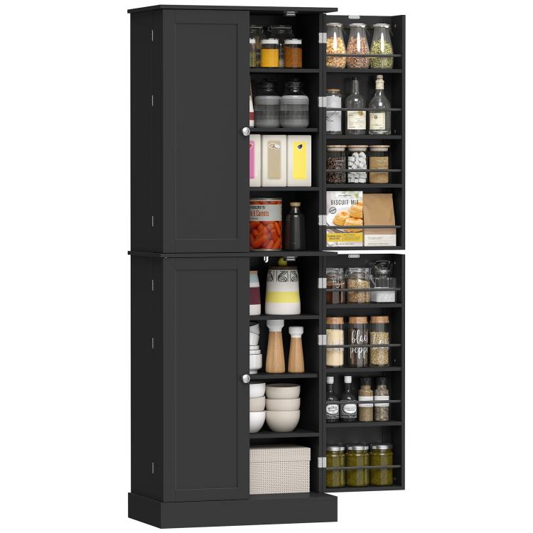 Black kitchen pantry cabinet open with multiple shelves displaying jars and pantry items.
