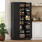 Black kitchen pantry cabinet with open door revealing tiered shelves and stored food items.