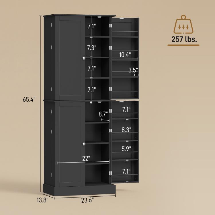 Black kitchen pantry cabinet with open interior shelves, shown with size measurements.