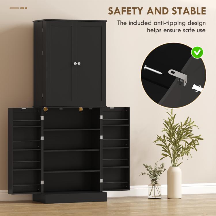 Black kitchen pantry cabinet with closed upper door and open lower shelving compartments.