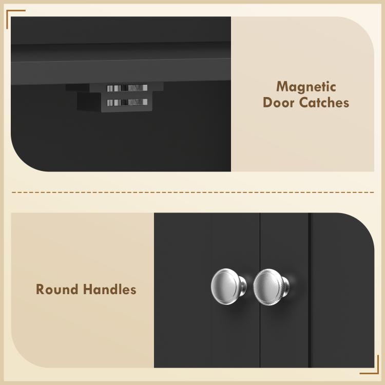 Black cabinet door close-up with round handles and magnetic door catches.